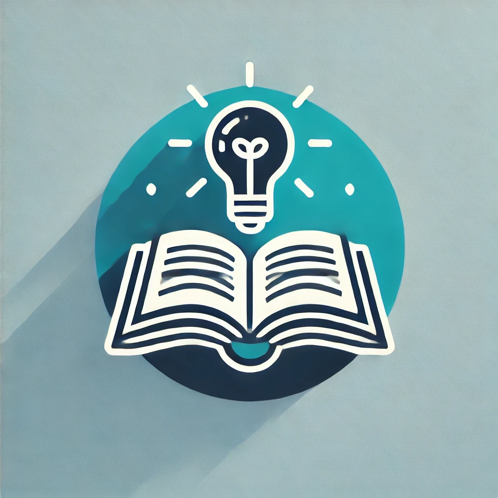 Minimalist icon of an open book with a lightbulb above it, symbolizing expert insights and knowledge, designed in soothing blue and teal tones.
