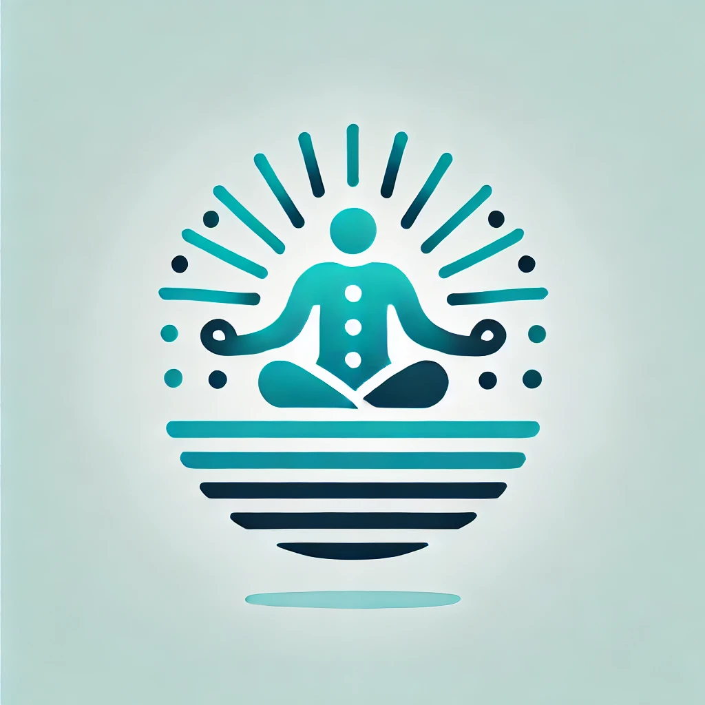 Minimalist icon of a person in a meditative pose with radiating lines, symbolizing balance and effective mindfulness techniques in soothing blue and teal tones.