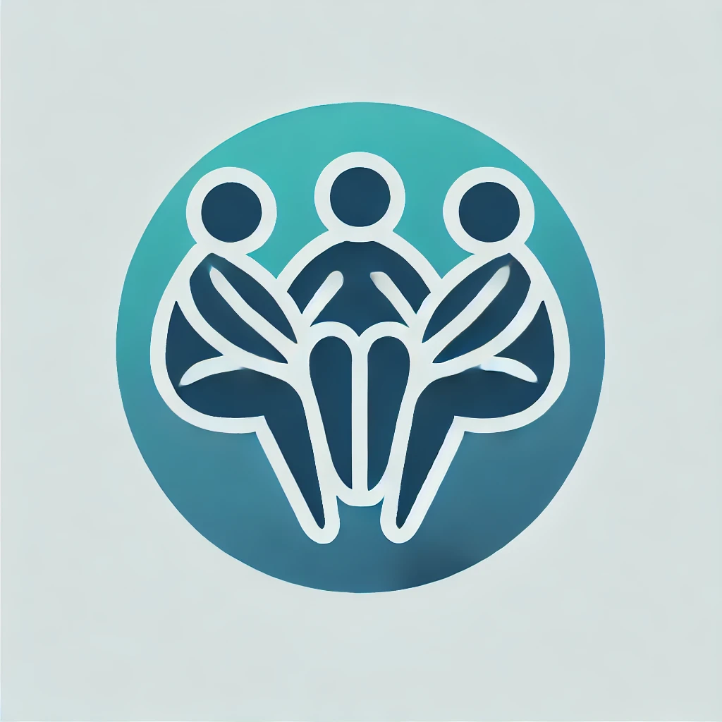 Minimalist icon of three people sitting in a circle, symbolizing a supportive like-minded community, designed in soothing blue and teal tones.