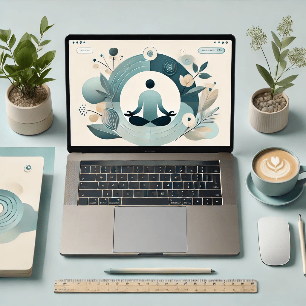 A professional desk setup featuring a laptop, a cup of coffee, and soft blue and green accents, symbolizing mindfulness and work-life balance.