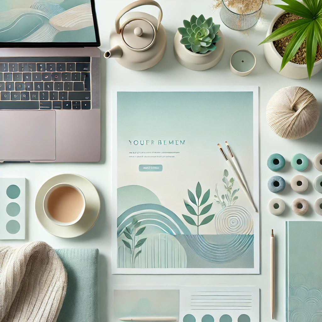 A peaceful workspace setting with a laptop, plants, a cup of tea, and minimalist design, evoking mindfulness and relaxation.