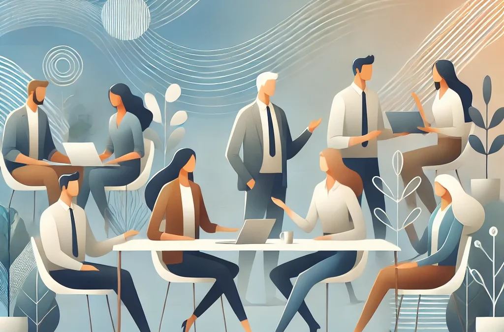 Workplace connections reduce stress and improve team productivity through social interactionsprofessionals collaborating in a modern office, highlighting teamwork and workplace mindfulness