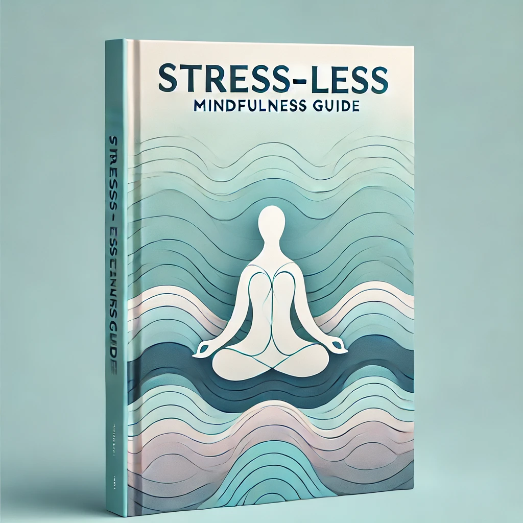 Cover of the Stress-Less Mindfulness Guide featuring calming wave patterns and a meditating figure.