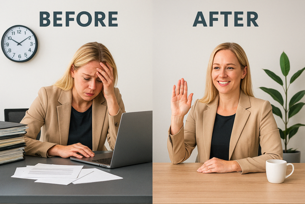 Before and after work boundaries transformation with real professional woman