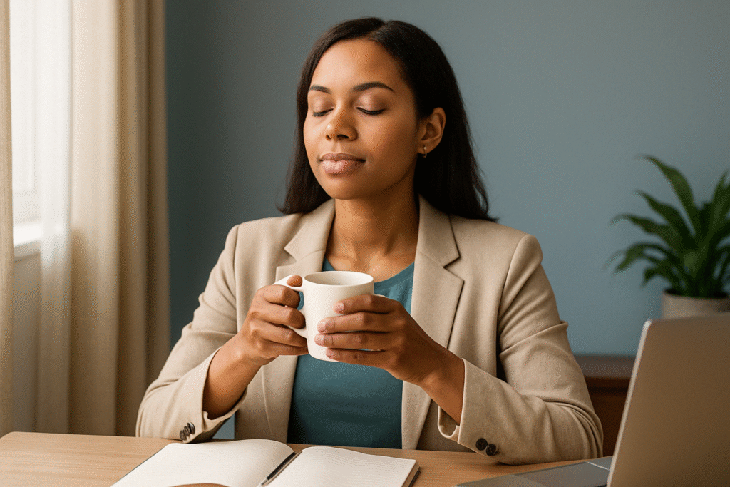 A professional woman practicing morning mindfulness habits at her desk.