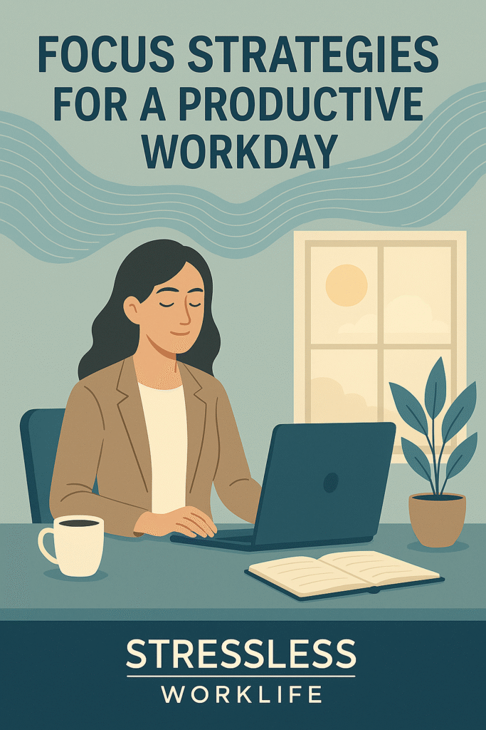 Calm woman working at desk with coffee and laptop near sunlit window