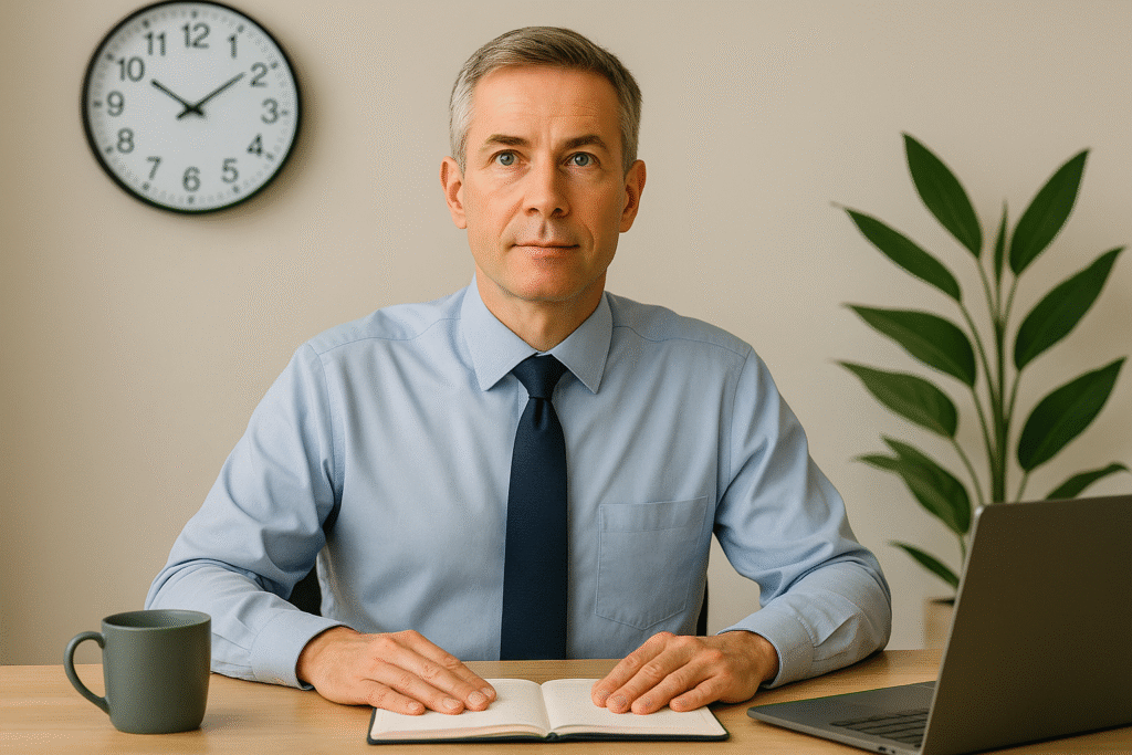 Middle-aged professional man sitting with notebook and laptop, calmly focused