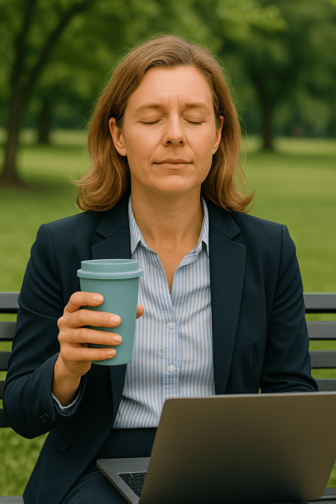 Woman in business attire enjoys a quiet moment with coffee on park bench at lunch