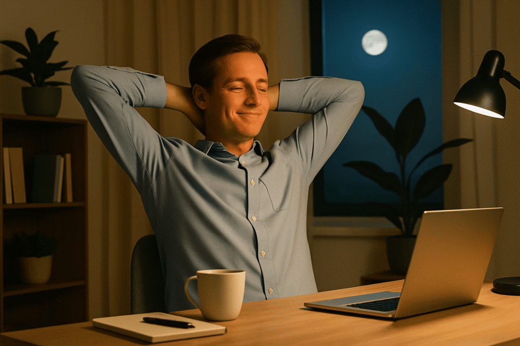 Relaxed man stretches at his desk at night with moonlight and a laptop nearby