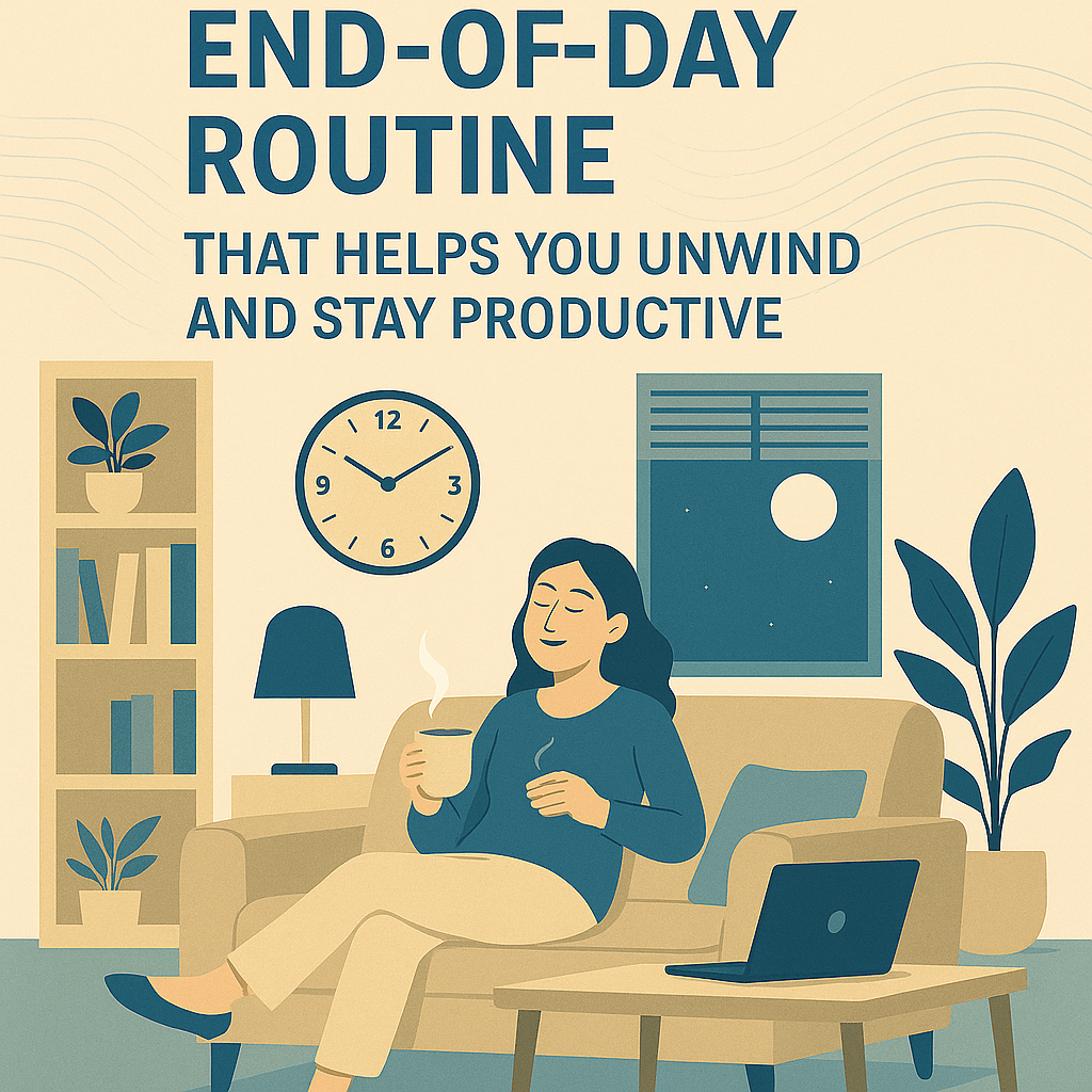 Woman relaxing on sofa at night with tea and laptop after end-of-day routine