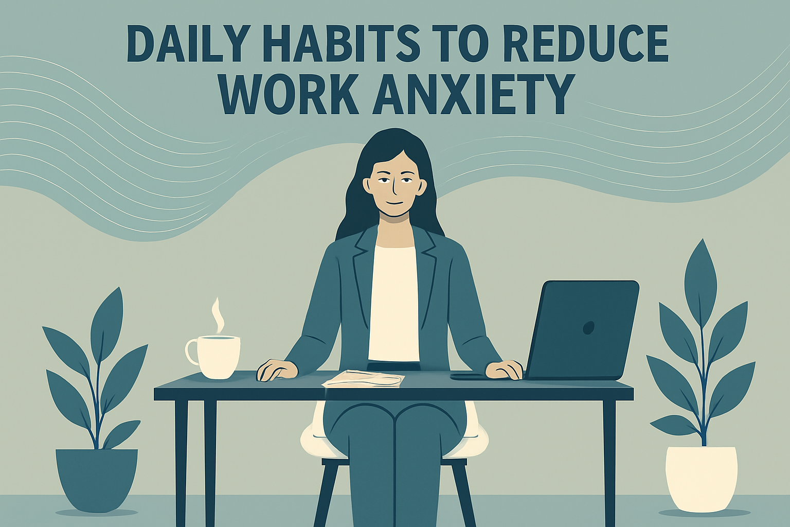Calm professional woman seated at desk with open eyes and relaxed focus