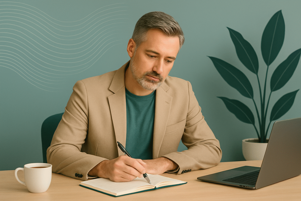 Middle-aged man writing in a journal at a calm desk with coffee and laptop