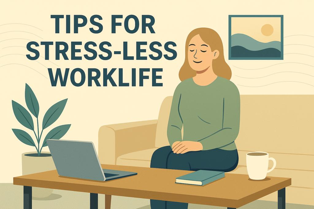 Simple self-care tips at work illustration with woman writing at desk